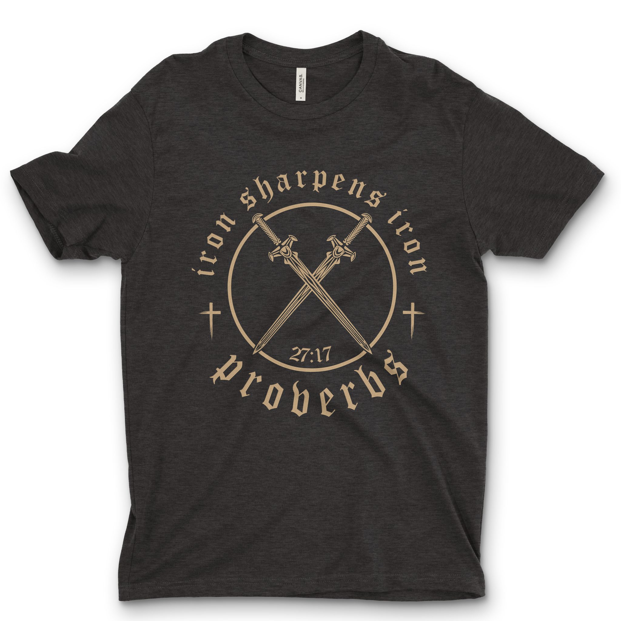 Iron sharpens iron Christian t-shirt

Proverbs 27:17 faith graphic tee

Christian brotherhood shirt with crossed swords