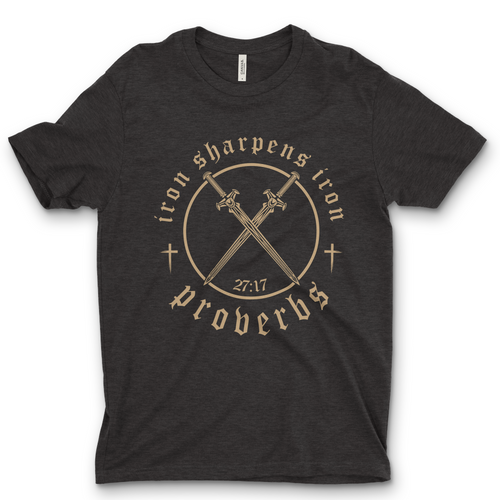 Iron sharpens iron Christian t-shirt

Proverbs 27:17 faith graphic tee

Christian brotherhood shirt with crossed swords