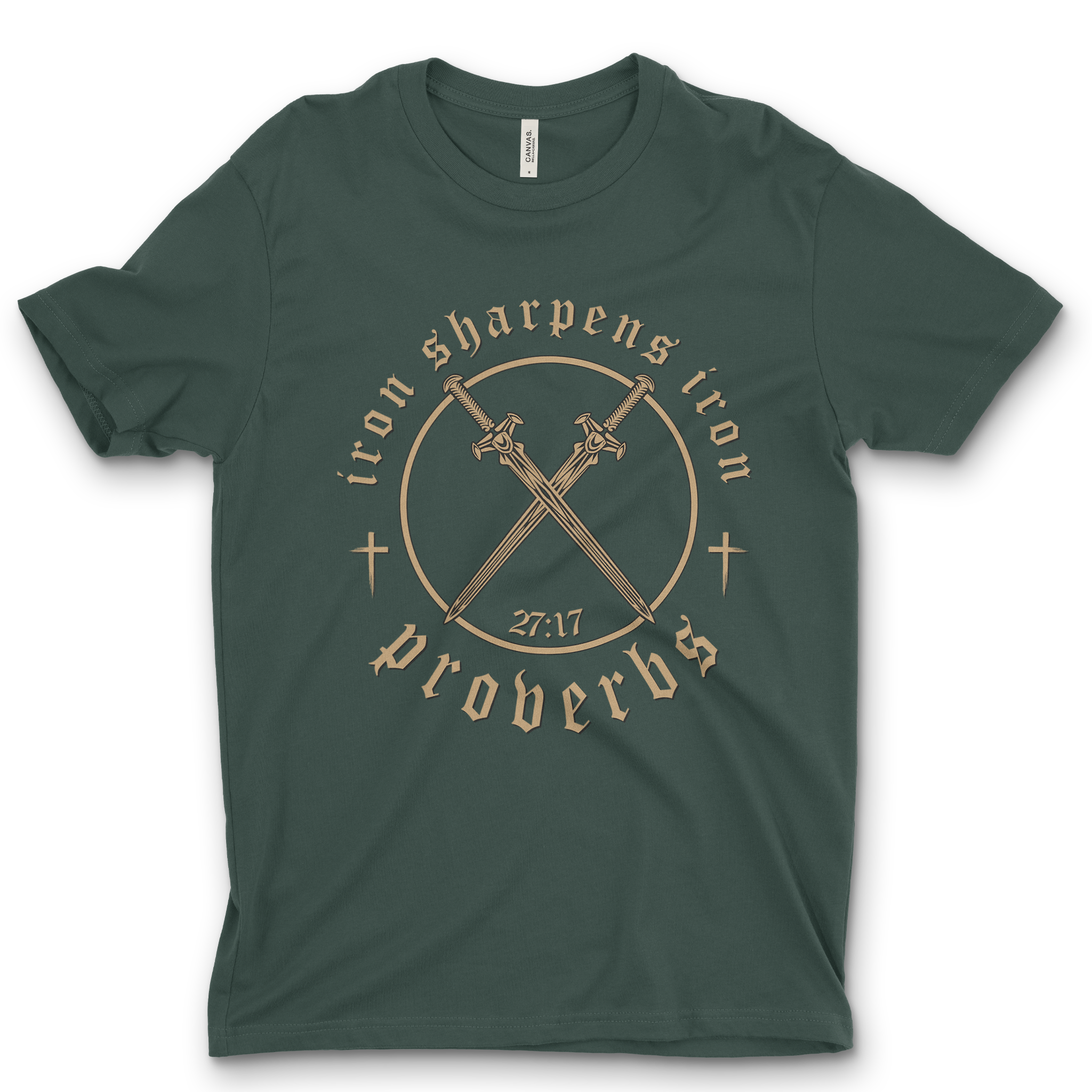 Iron sharpens iron Christian t-shirt

Proverbs 27:17 faith graphic tee

Christian brotherhood shirt with crossed swords