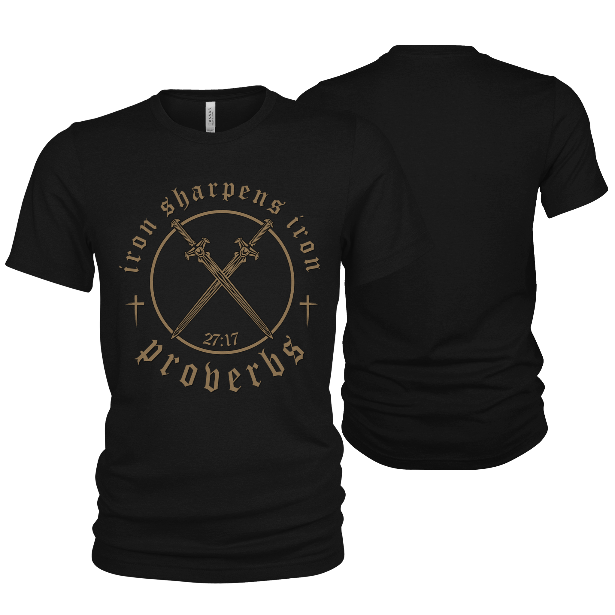 Iron sharpens iron Christian t-shirt

Proverbs 27:17 faith graphic tee

Christian brotherhood shirt with crossed swords