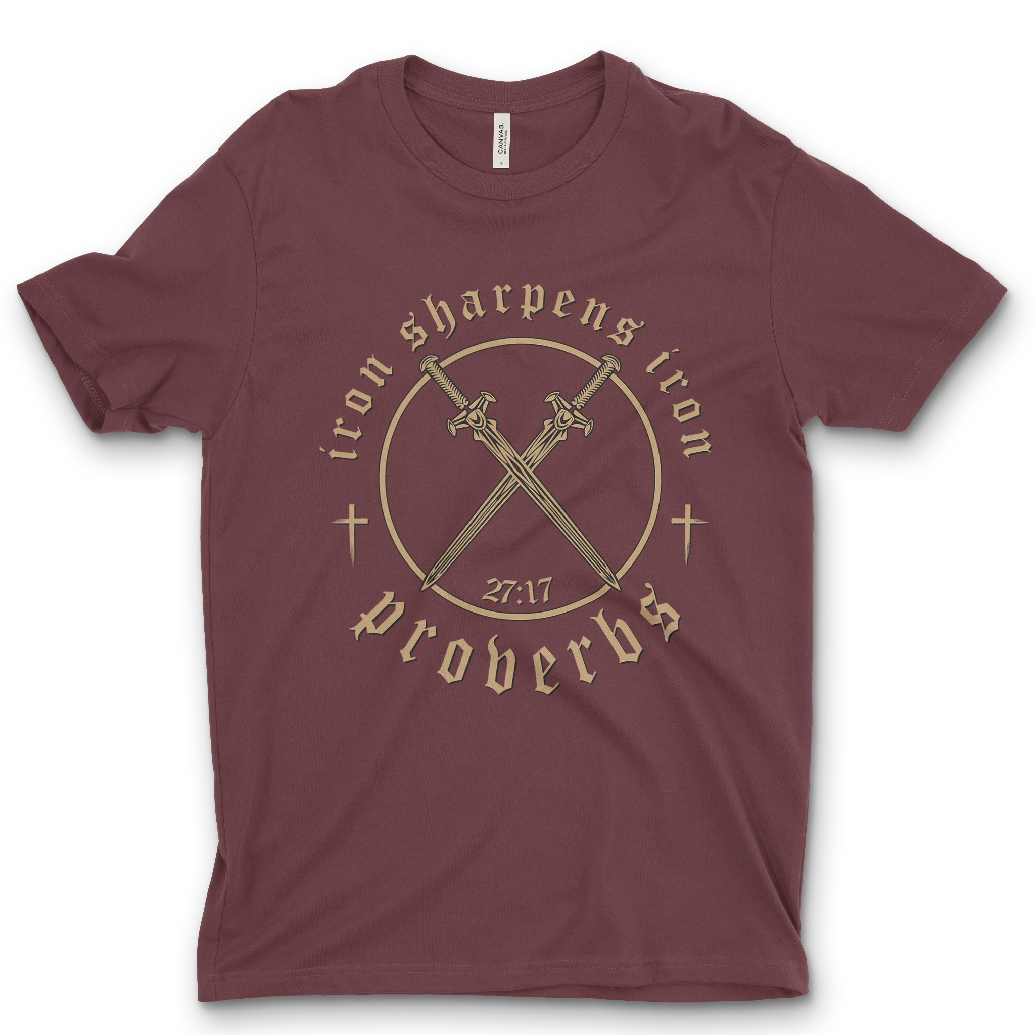 Iron sharpens iron Christian t-shirt

Proverbs 27:17 faith graphic tee

Christian brotherhood shirt with crossed swords