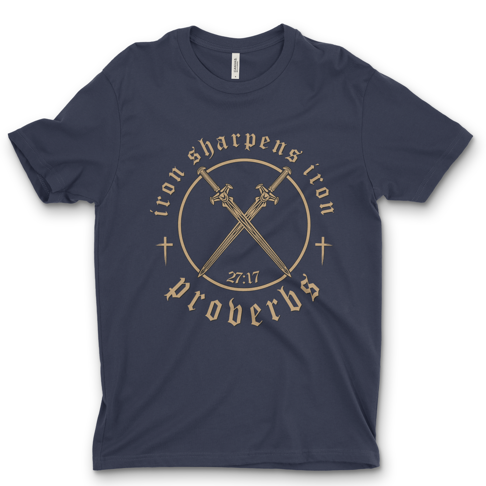 Iron sharpens iron Christian t-shirt

Proverbs 27:17 faith graphic tee

Christian brotherhood shirt with crossed swords