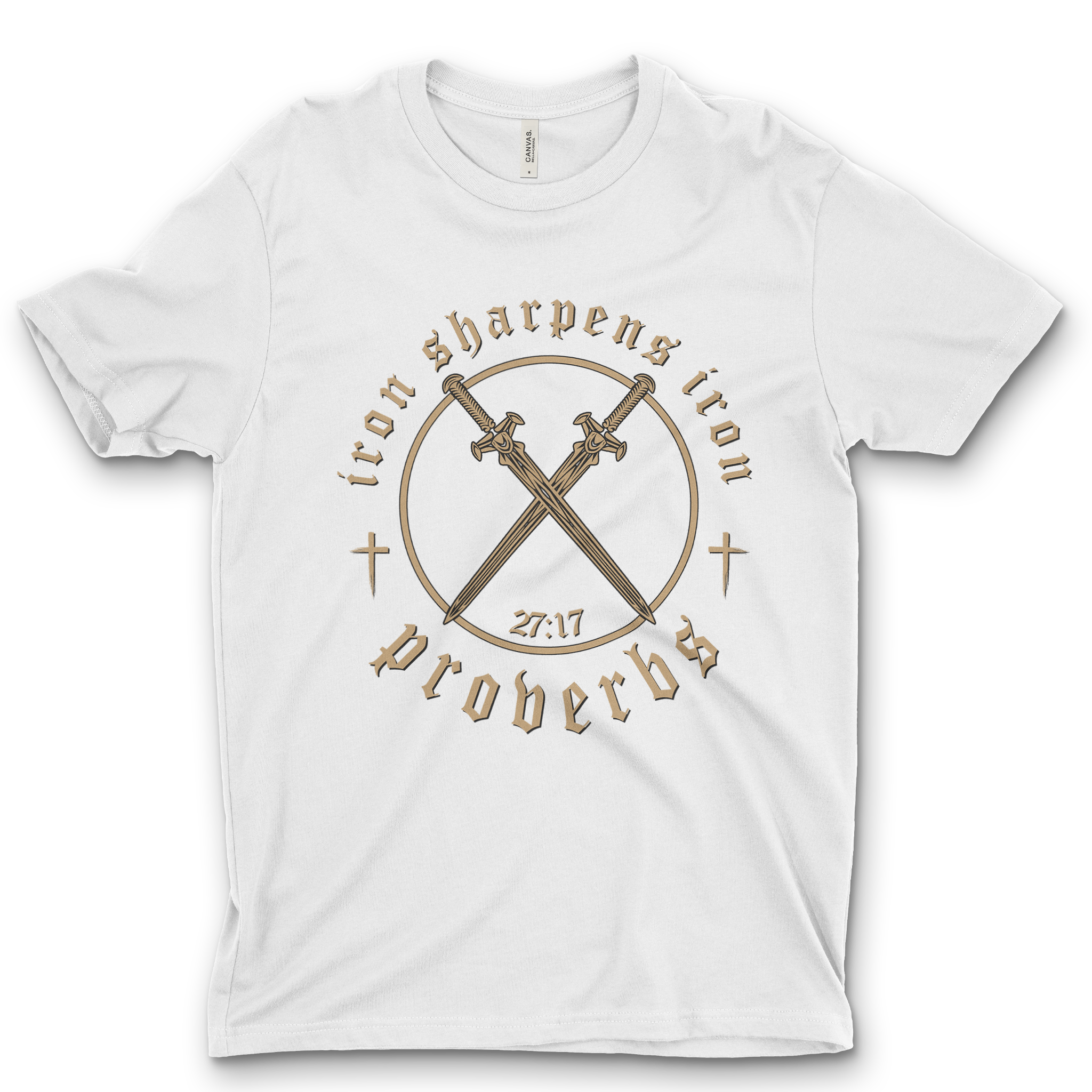 Iron sharpens iron Christian t-shirt

Proverbs 27:17 faith graphic tee

Christian brotherhood shirt with crossed swords