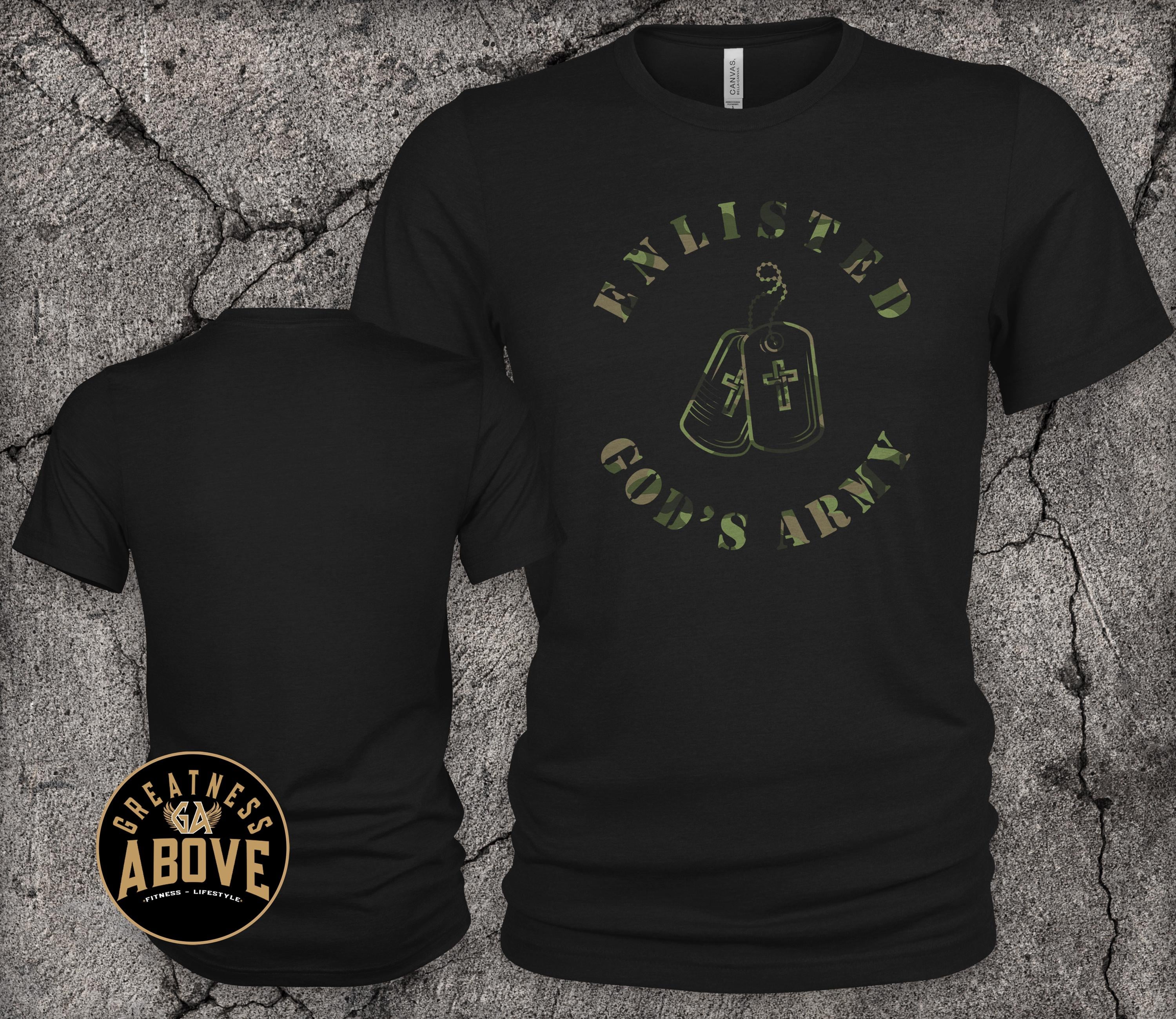 Christian Military TShirt | Enlisted in God's Army | Camo Dog Tag Design